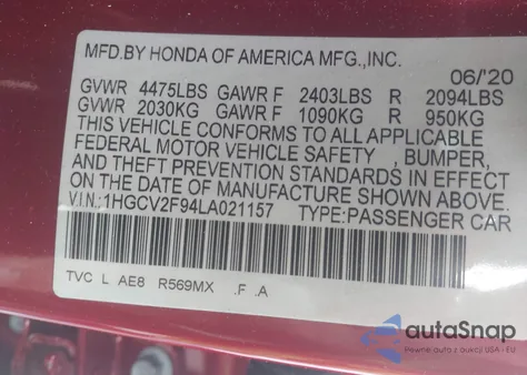 2020 Honda Accord Touring из США, поврежденный, VIN 1HGCV2F94LA021157